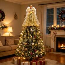 Angel Christmas Tree Topper With Feather Wing Holiday Tree Ornament - Gold - View 5