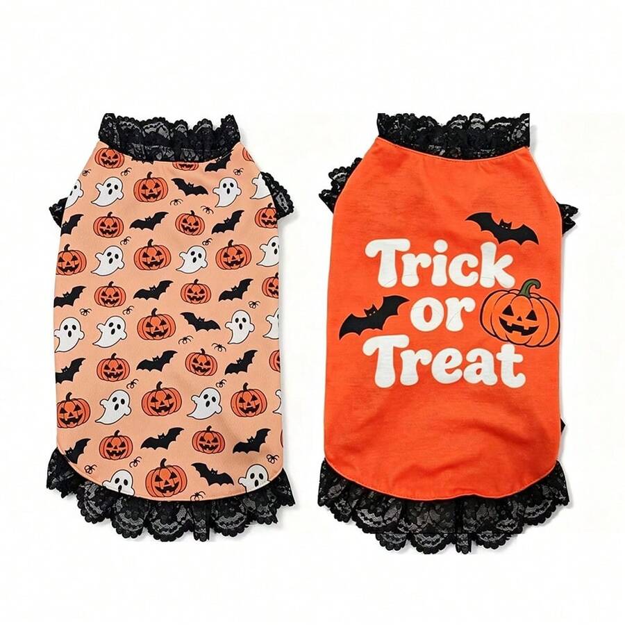 Halloween Pet Costume, Funny Pumpkin Bat Ghost Print Lace Trim Pet Vest, Holiday Party Outfit, Suitable For Small Dogs, Cats, Teddy, Bichon - Multicolor - View 1