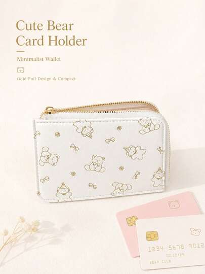 Cute Bear Card Holder Wallet, Slim Mini Coin Purse With Gold Zipper, Aesthetic PU Leather Card Case For Women & Girls, Small Change Pouch