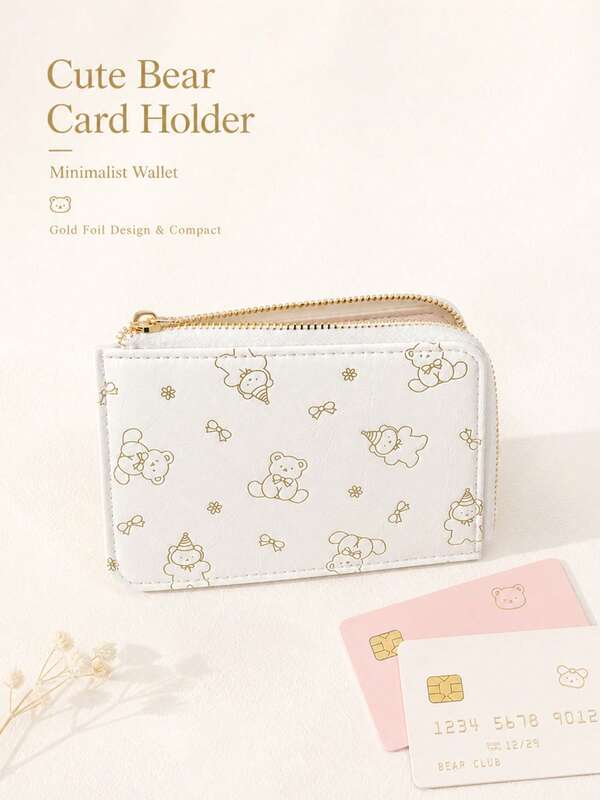 Cute Bear Card Holder Wallet, Slim Mini Coin Purse With Gold Zipper, Aesthetic PU Leather Card Case For Women & Girls, Small Change Pouch