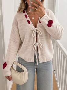 Women's Knitted Lace-Up V-Neck Cardigan, Decorated With Red Heart Pattern, Long Sleeve Design, Perfect Choice For Autumn Outfit. - Apricot - View 2