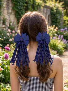 2pcs Navy Blue Large Bow Hair Clips, Long Spiral Tassel Satin Ribbon Hair Clips, Exquisite Hair Accessories For Girls' Daily Wear, Suitable For Back To School Season - Multicolor - View 2