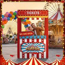 2D Flat Photo Booth Prop 1pc, Carnival Circus Theme, Party Decoration Carnival Photo Booth Prop, Hollow Movie Ticket And Striped Decorative Background, Suitable For Halloween Birthday Game Supplies - A - View 3