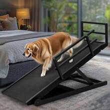 Dog Ramp For Bed, 5-Level Adjustable Folding Pet Ramp With Rails - Black Wood - View 1