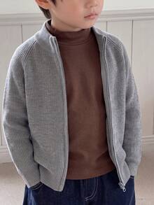 Boys' Stand Collar Full Zip Long Sleeve Knit Cardigan With Ribbed Texture And Raglan Sleeves, Simple Casual Versatile Knit Jacket For School And Daily Wear In Autumn/Winter - Grey - View 1