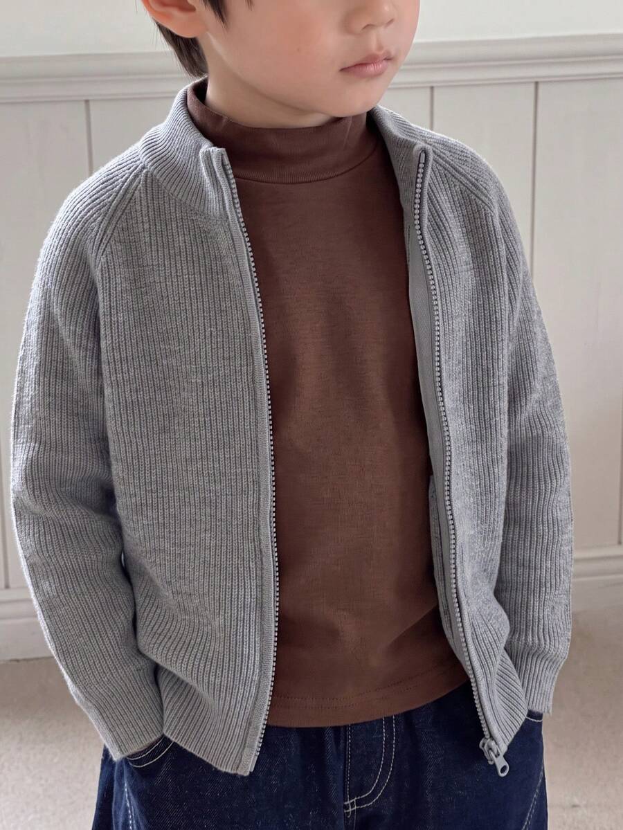 Boys' Stand Collar Full Zip Long Sleeve Knit Cardigan With Ribbed Texture And Raglan Sleeves, Simple Casual Versatile Knit Jacket For School And Daily Wear In Autumn/Winter - Grey - View 1