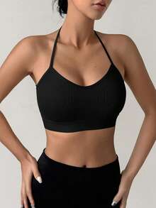 DAZY EMUPER 1pc Breathable Elastic Seamless Racerback Wirefree Sports Bra, Removable Pads - Black - View 4
