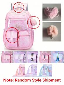 3件組大容量女款學生後背包，附毛絨球吊飾，180°全開式多隔層設計，側邊網袋可放水壺 - 彩色 - 查看 7