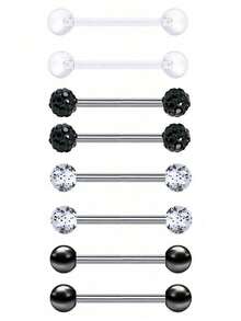 8pcs Punk Style Cool Spherical Decor & Artificial Crystal, 14G, Suitable For Tongue Ring And Nipple Ring, Unisex. Piercing Jewelry - 8-piece Set - View 12