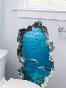 1pc Underwater World Hole Effect Sticker, Dolphin & Shark Decor Sticker, Creative Bathroom Wall Decor Self-Adhesive Removable - Multicolor - View 5