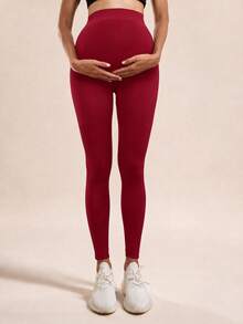 Maternity Seamless Solid Color High Waist Ribbed Waist Yoga Pants Leggings, Basic Slim Fit Sports Long Pants - Burgundy - View 6
