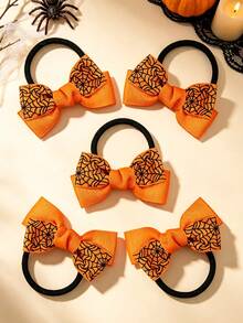 6pcs Orange Double Layer Bow Hair Ties, Spider Web Print Elastic Bands, Suitable For Halloween Wear, Holiday Gift Choice - Multicolor - View 5