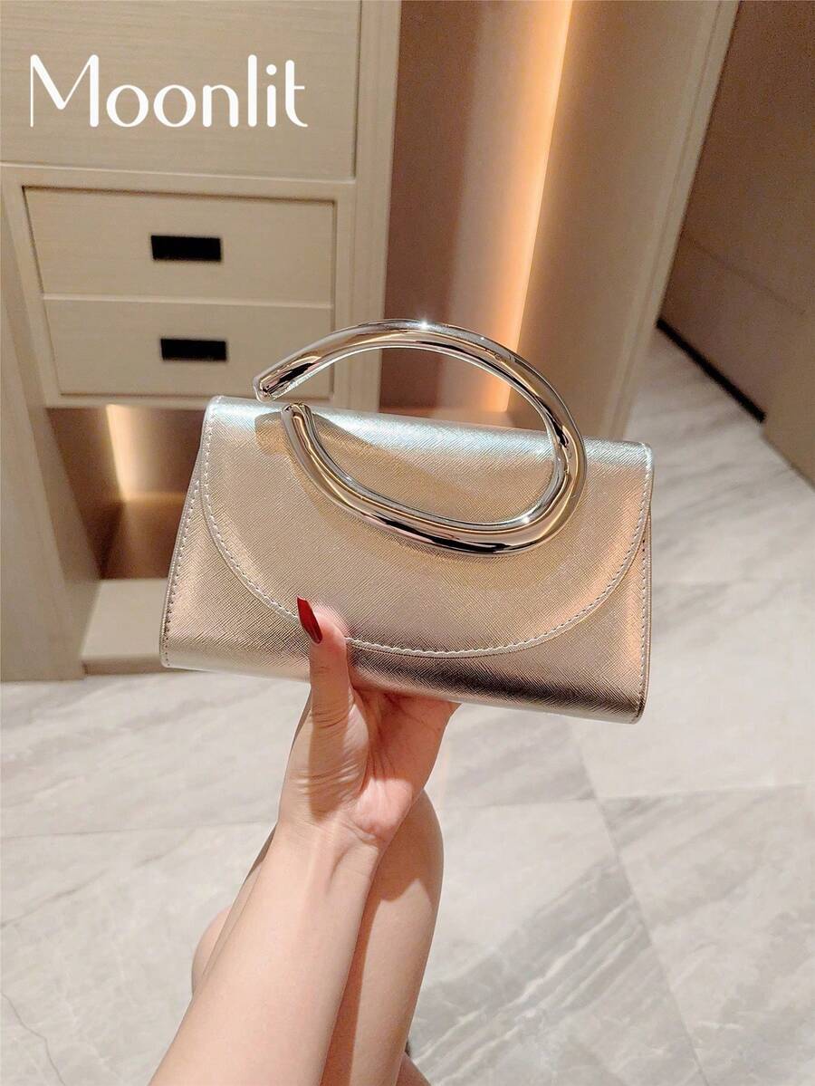 1件歐美時尚金屬裝飾迷你方盒手拿包，高端亮面金屬條飾女士手提包，優雅奢華晚宴包，適用派對/婚禮/舞會/雞尾酒會，PU皮革設計款附金屬鏈條