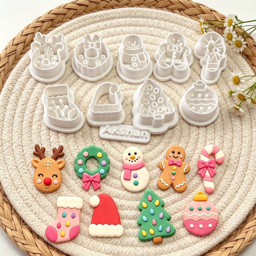 10Pcs Christmas Theme Polymer Clay Cutters, Snowman Reindeer Xmas Tree Pattern Clay Molds, DIY Handmade Earring Pendant Jewelry Craft Tools