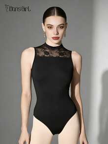 DonsGirl 1pc Women's Mesh & Lace Patchwork Ballet Leotard, Elegant Stand Collar Backless Bodysuit Black Fall - Black - View 3