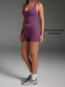 Women's Casual Sports 2 Pieces Set, Detachable Padding Racerback Sleeveless Top, High-Waisted Slim-Fit Butt-Lifting Cycling Shorts, Suitable For Gym And Daily Wear - Burgundy - View 9