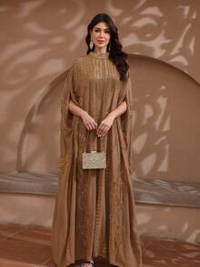 JINLICX Gold Beaded Embroidered Batwing Sleeve Camel Kaftan Maxi Dress Formal Banquet Abaya - Coffee Brown - View 5