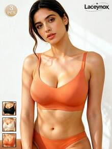 3pcs Casual Comfortable Minimalist Racerback Bras, Seamless Deep V High Elasticity Knit Fabric Women's Underwear, Wireless Versatile Non-Sagging Bra - Multicolor - View 2