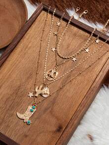 4pcs/Set Kalung Berlapis-lapis yang Dapat Ditumpuk, Terbuat dari Logam, Liontin, Elemen Bintang, dan Topi Pirus Gaya Koboi Barat Vintage - Set isi 4 - View 4