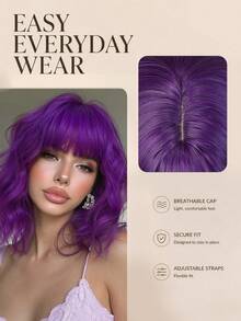 12 Inch Purple Wavy Wig With Bangs, Women's Short Curly Synthetic Heat Resistant Wig, Suitable For Party, Daily Wear, Colorful, Popular For Music Festivals, Halloween - Purple - View 4