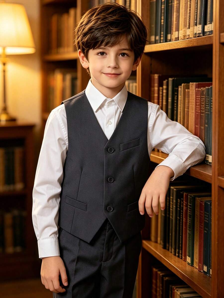 4-14 Years Old Boys Formal Vest With Pockets And Adjustable Straps, Suitable For Wedding And Piano Performance, Dark Grey - Dark Grey - View 1
