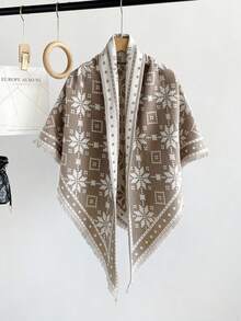 1PcWomen Winter Snowflake Geometric Print Fringe Triangle Shawl, Soft Imitation Cashmere Warm Wrap Scarf, Versatile Outer Cape For Fall Daily Outfit - Multicolor - View 7