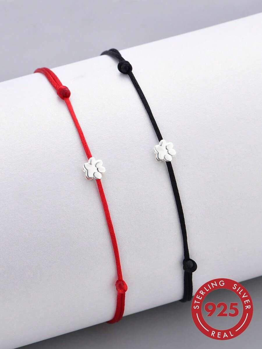 1 buah Gelang Kaki Perak Sterling S925 Motif Bunga Kecil Tipis, Tali Kepang Merah & Hitam yang Dapat Diatur, Aksesori Gelang Kaki Perak Pasangan Gaya Minimalis Tipis dan Segar - Perak - View 1