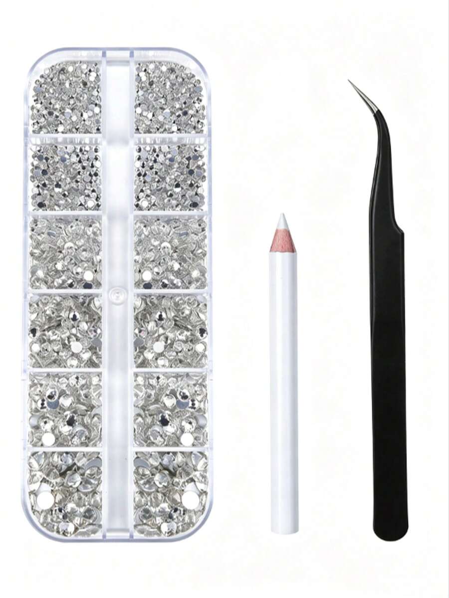 1 Set Flat Back Rhinestones, 6 Sizes, Round Crystal Rhinestones, With Tweezers And Pickup Pen, Suitable For DIY Crafts Like Handmade, Nail Art, Clothing, Shoes, Bags And More