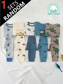 5 Sets Send 1 Set Random Boys Cartoon Pure Cotton Underwear Set Cute Print Medium Thick Long Sleeve Long Pants Loungewear Set Print Autumn Top And Bottom - Multicolor - View 1