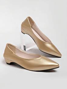 Vintage Brown Pointed Toe Flat Shoes Women New French Style Colorblock Low Vamp Hidden Heel Flat Shoes All Season - Gold - View 4