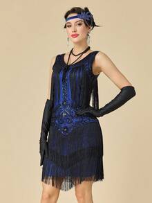 1920年代無袖 Flapper 舞女裙 大領口《大亨小傳》風格 亮片流蘇 咆哮20年代雞尾酒洋裝 - 藍色 - 查看 7
