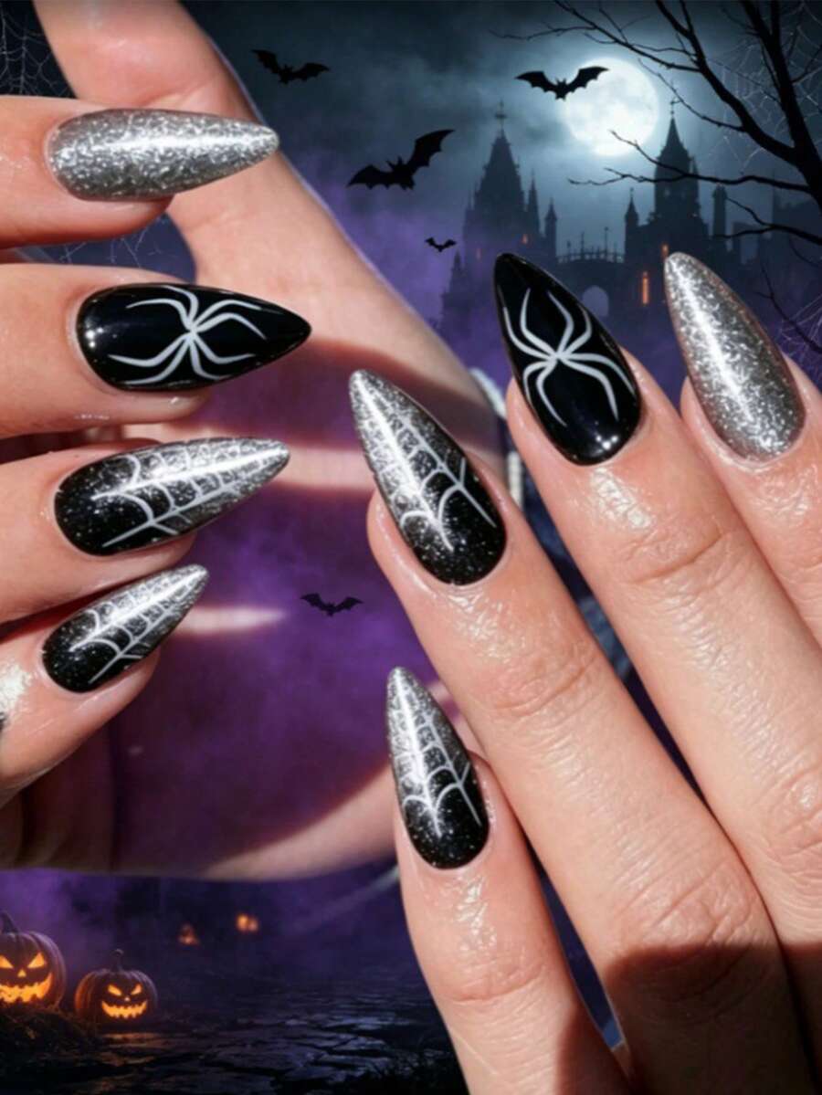 Halloween, 24 Peças Unhas Postiças Médias-Longas em Formato de Amêndoa com Tema de Aranha e Teia de Aranha, Estilo Gótico Escuro, Combinação de Cores Clássicas Preto, Prata e Branco, Atmosfera Assustadora de Feriado com Textura Cintilante, Conjunto Inclui: 1 Peça de Cola de Gelatina e 1 Peça de Lixa de Unha. Adequado para Mulheres e Meninas para Uso Diário, Festas, Férias e Outras Ocasiões. - Multicolorido - Visão 1
