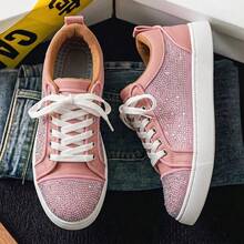 Sepatu Sneakers Pria dan Wanita Model Low Top Bertali dengan Hiasan Berlian Imitasi dan Patchwork, Sol Tebal, Sepatu Kasual Cocok untuk Perjalanan Sehari-hari, Gaya Jalanan, dan Jalan-jalan Akhir Pekan - Berwarna merah muda - View 6