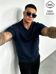 WAIT HIM Men's Casual Solid Color Turn-Down Collar Short Sleeve Knit Top - Navy Blue - View 5