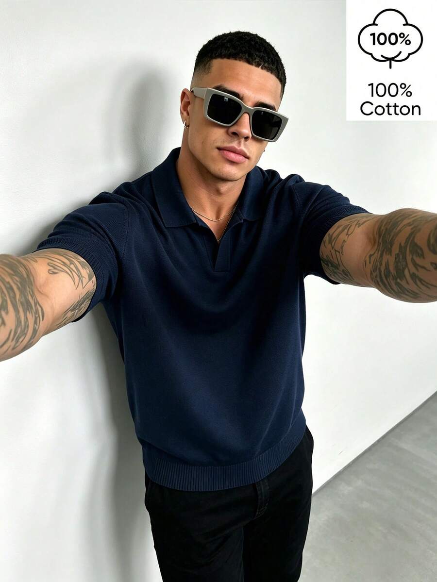 WAIT HIM Men's Casual Solid Color Turn-Down Collar Short Sleeve Knit Top - Navy Blue - View 1