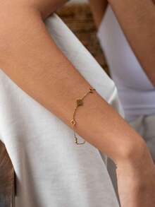 TONSI 1 Pc Japan And South Korea Style Simple Stainless Steel Four-Leaf Clover Plum Blossom Interlocking Pendant Bracelet Suitable For Daily Wear Female - Gold - View 6