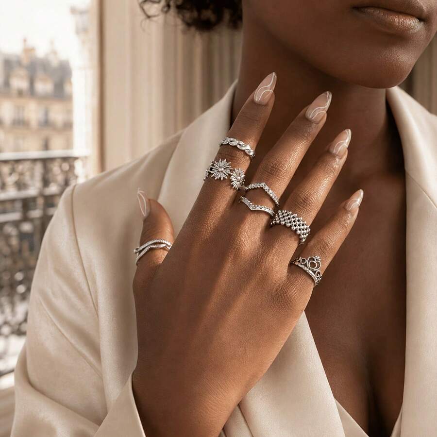 6pcs/Set Women's Silver Adjustable Open Rings, Daisy Flower, Snake, Heart, Twisted Chain, V-Shape Beaded Edge And Round Bead Braided Stackable Ring Set, French Vintage Versatile Hand Jewelry, Suitable For Daily Wear, Party And Gift - 6-piece Ring Set - View 1