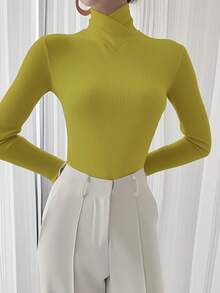 Women's Solid Color Knitted Cross Design Stand Collar Base Layer T-Shirt Top, Office Wear, Autumn/Winter New Arrival - Lemon Yellow - View 6