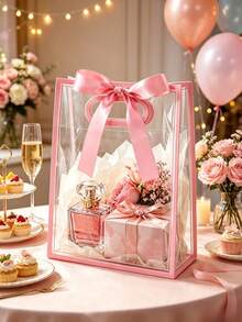 2/12/24pcs Transparent Gift Bags With Pink Trim, Handles And Ribbon Bows, Reusable PP Gift Bags Suitable For Cosmetics And Gifts, Perfect For Graduation, Wedding, Bridal Shower, Birthday, Party - Multiple Styles - View 6