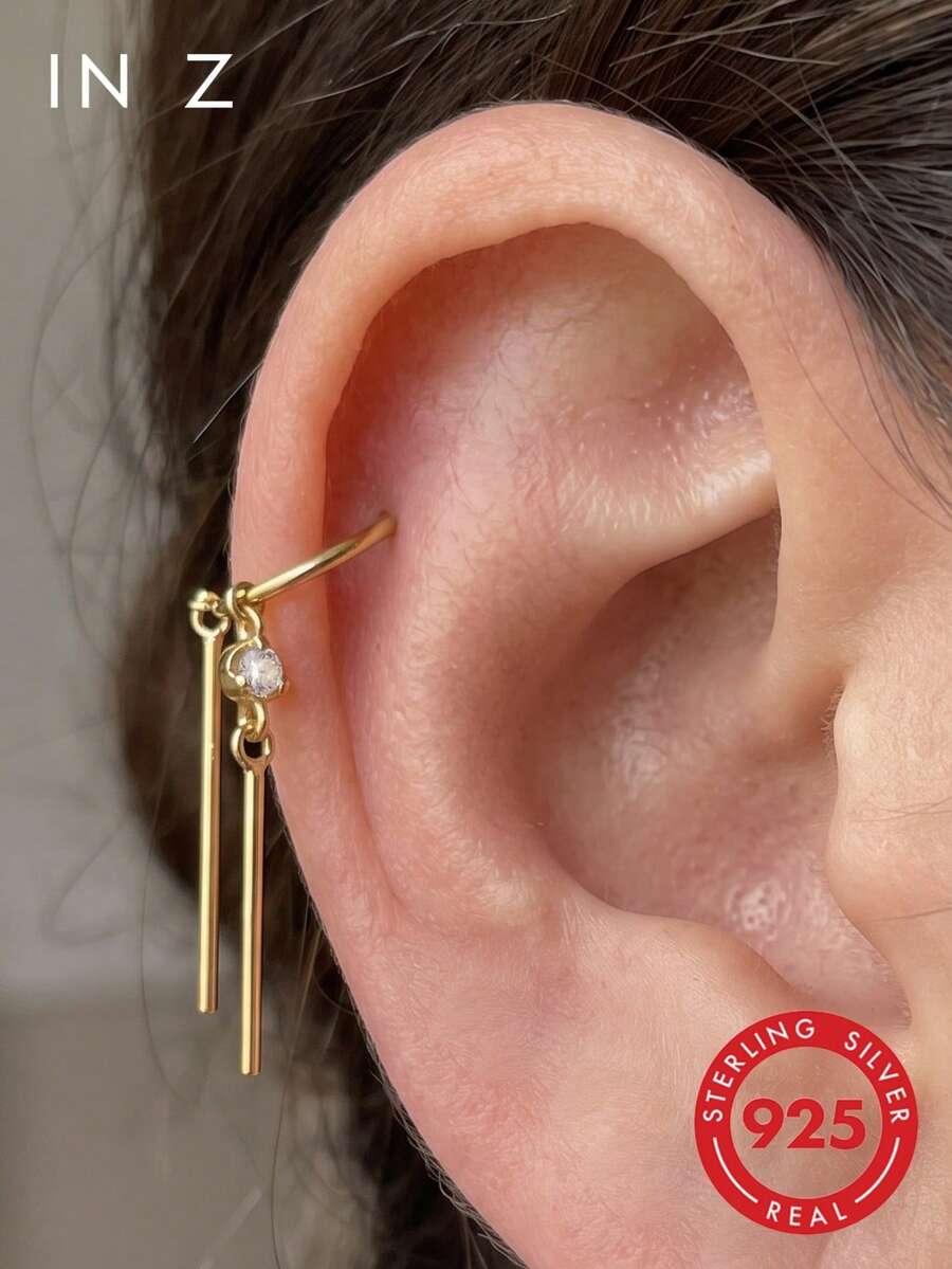 1pc 925 Sterling Silver Zirconia Wind Chime Double Pendant Hoop Earring - Cartilage Ring, Helix Ring, Nose Ring, Septum Ring, Seamless Snap Closure Earring, Mini Earring, Tragus Ring, Cartilage Ring, Helix Piercing Ring, Silver Seamless Cartilage Earring, Suitable For Men And Women Daily Wear - Wind Chime Earrings - View 1