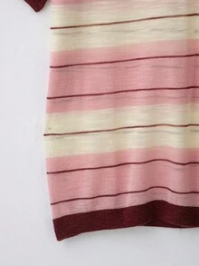 YROOE Women's Pink White Brown Color Block Striped Collared Half-Button Short Sleeve Knit Top, Autumn/Winter - Multicolor - View 5