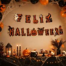 1 Set, Feliz Halloween Letter Banner, Spanish Halloween Paper Banner, Ghost Pumpkin Bat Skull Elements, Vintage Halloween Home Wall Party Decoration - Evil Pumpkin - View 6