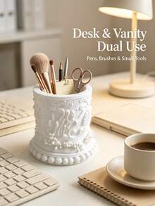 Retro Relief Makeup Brush Storage Tube, Multifunctional Desktop Storage Box, , Desktop Decoration, White Ocean Carved Makeup Brush Tube, Multifunctional Desktop Dressing Table Storage, Bedroom Bathroom Desktop Home Decoration Storage Tube - Multicolor - View 5