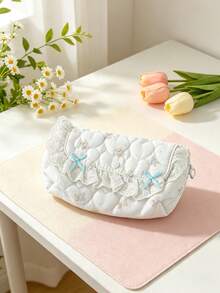 1 buah Tas Kosmetik Kartun Lucu Berbahan Quilted, Kapasitas Besar, Kantong Makeup dengan Dekorasi Pita Manis, Organizer Perlengkapan Mandi Portabel untuk Perjalanan & Penggunaan Sehari-hari, Kotak Pensil Feminin - MultiWarna - View 7