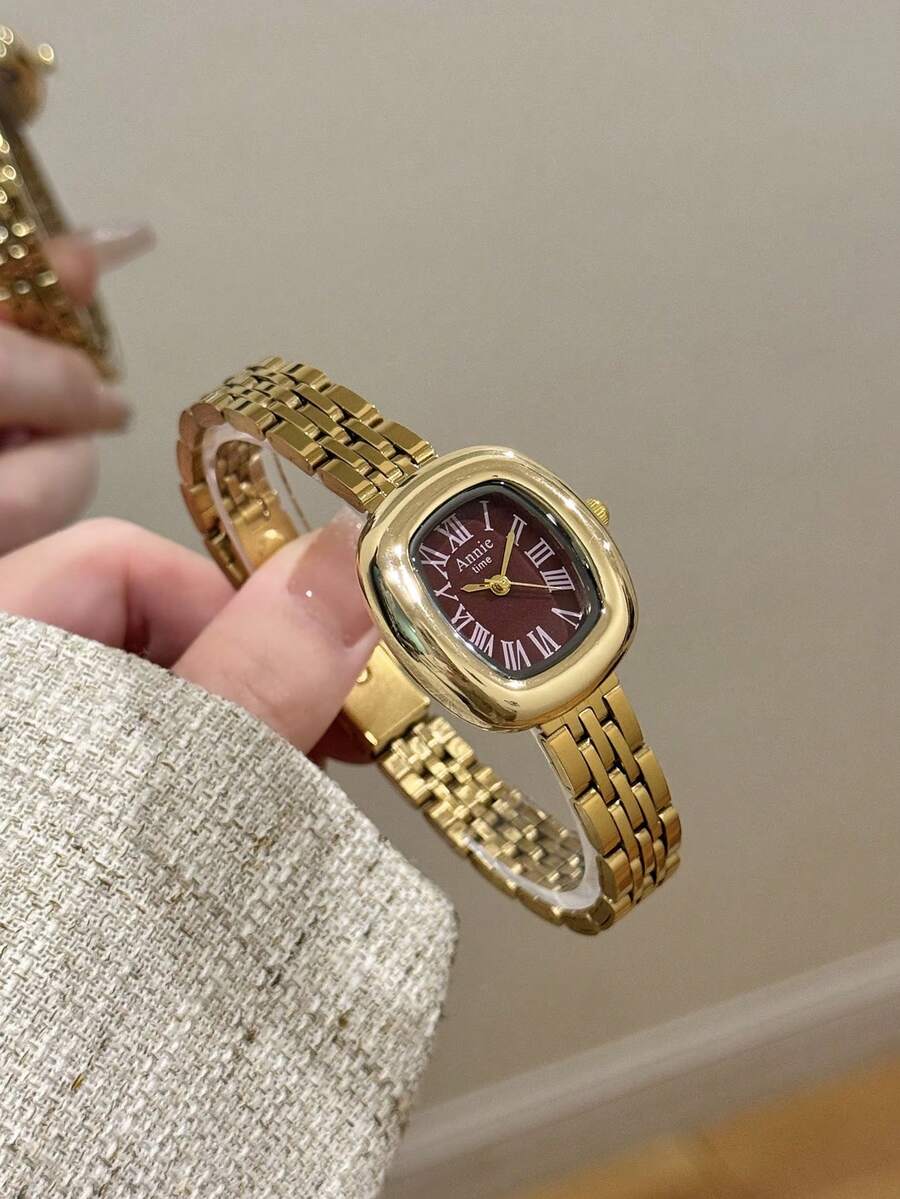 復古金色圓角方形女款手錶,深紅色錶盤配羅馬數字刻度,時尚優雅,適合日常送禮 - 金色 - 查看 1