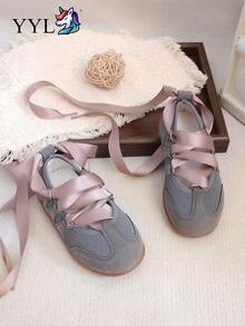 1 Pair Fashionable Versatile Ballet Style Lace-Up Flat Shoes, Suitable For Spring, Summer, Autumn, 2026 New Arrival - Grey - View 5