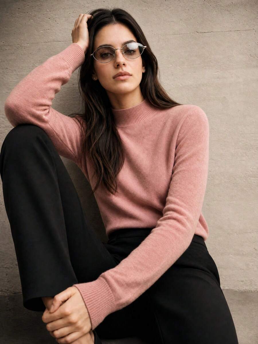 Sweater Wanita 100% Wol Merino, Lembut & Hangat, Pullover Kerah Tinggi, Musim Gugur/Musim Dingin, Desain Satu Potong Tanpa Jahitan - Berwarna merah muda - View 1