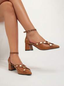 Women's New Fashion Sexy Cross Strap Crocodile Embossed Gold Studded Side Cutout Pointed Toe Chunky Heel High Heels - Brown - View 3