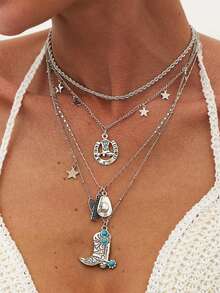 4pcs/Set Kalung Berlapis-lapis yang Dapat Ditumpuk, Terbuat dari Logam, Liontin, Elemen Bintang, dan Topi Pirus Gaya Koboi Barat Vintage - Set isi 4 - View 3
