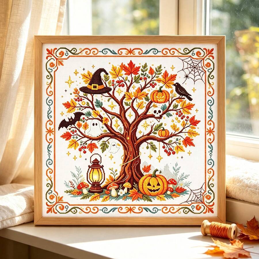 Autumn Halloween Magic Tree Cross Stitch Full Material Kit 11CT Witch Hat Pumpkin Ghost Maple Leaf Printed Pattern Beginner Friendly Stress Relief Handmade DIY Set Includes Needle Thread Instruction Manual Living Room Bedroom Entryway Desktop Home Vintage Decor Wall Hanging